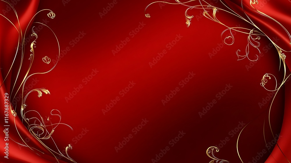 Red Silk Background With Gold Floral Design Red Silk Background With Gold Floral Design