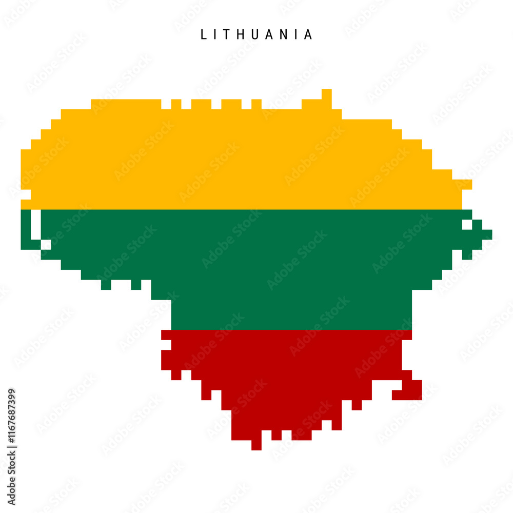 Fototapeta premium Lithuania pixel flag map icon. 8 bit pixel art Lithuanian map covered with flag. Flat vector illustration isolated on white background.