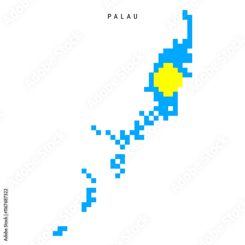 Palau pixel flag map icon. 8 bit pixel art Palauan map covered with flag. Flat vector illustration isolated on white background.