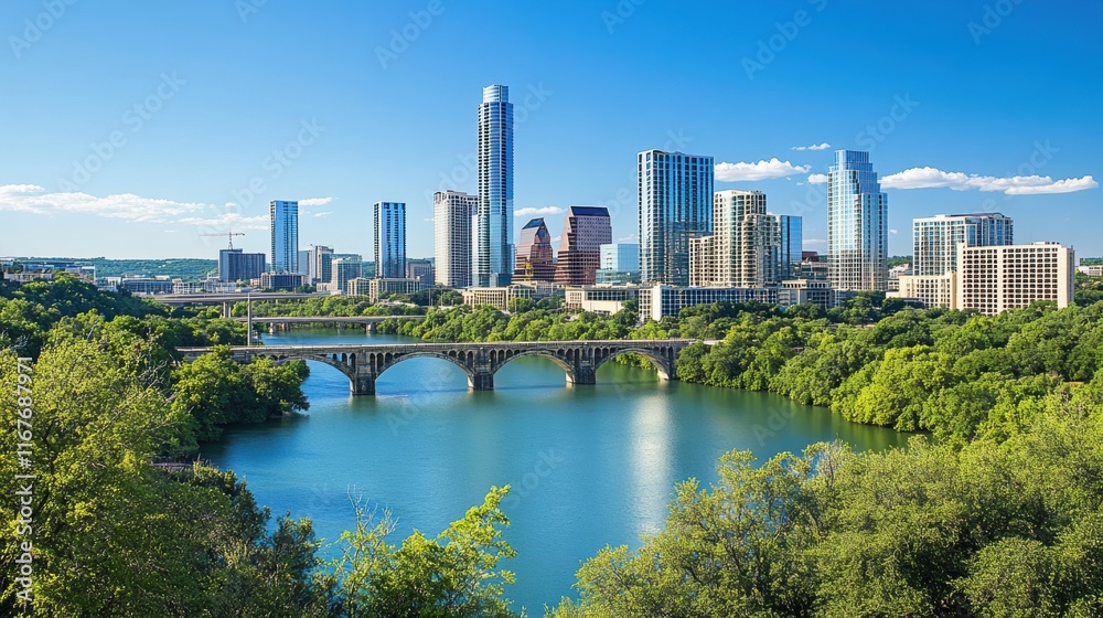 Fototapeta premium Austin skyline overlooking lady bird lake cityscape photography bright day vibrant scene