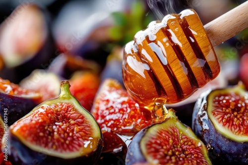 Close-Up of Fresh Figs with Honey Drizzle Highlighting Natural Sweetness photo