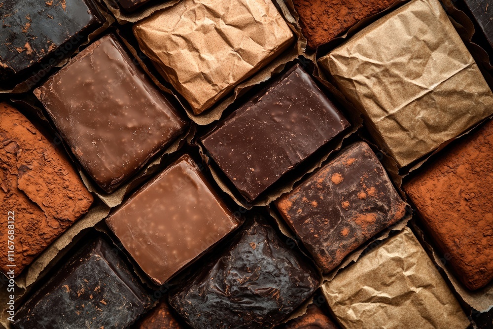 Assorted gourmet chocolate squares with varied textures and rich brown tones Assorted gourmet chocolate squares with varied textures and rich brown tones