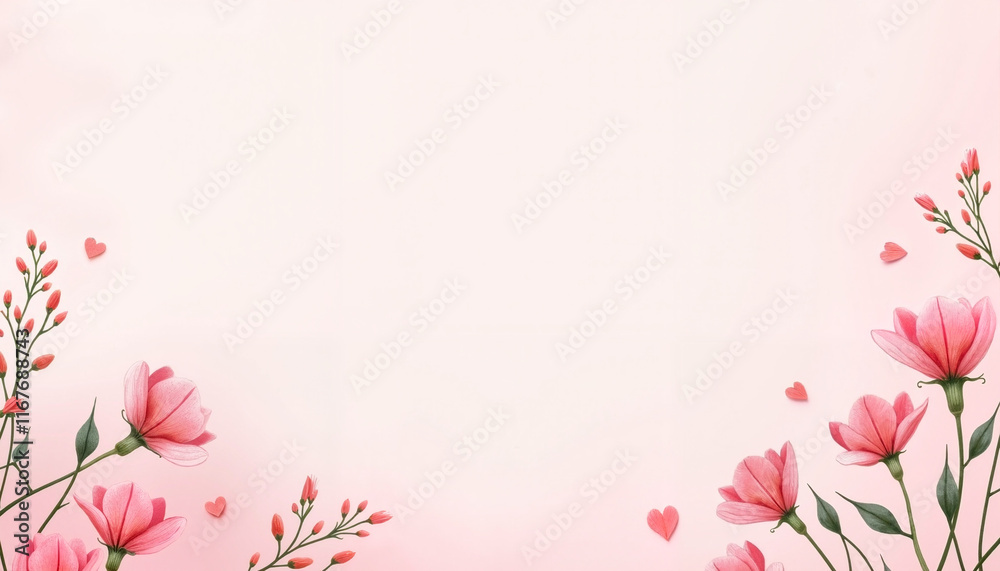 Fototapeta premium Pink flowers with hearts on soft pastel background