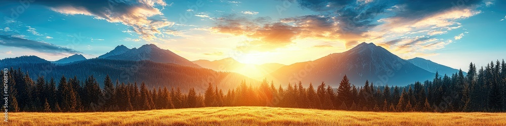 Majestic sunset over a mountain range with a foreground of golden field and dark coniferous forest. Majestic sunset over a mountain range with a foreground of golden field and dark coniferous forest.