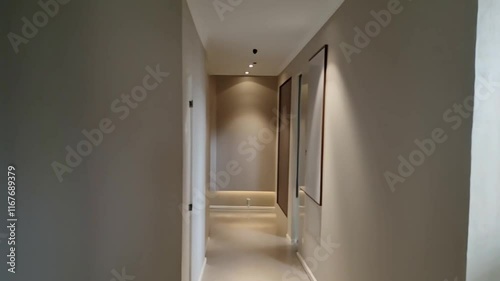 Stylish modern minimalist hallway with clean lines, neutral tones, sleek lighting, and uncluttered decor, exuding elegance and simplicity.
