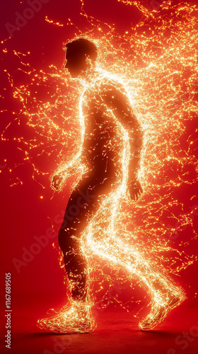 Energetic light trails surround a walking silhouette on a red background. photo