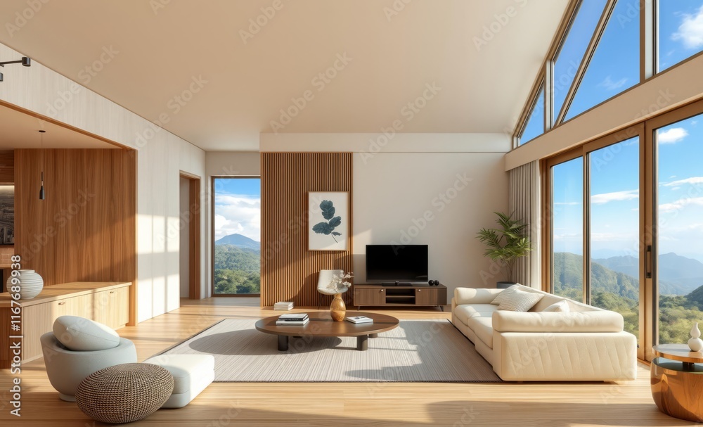 Fototapeta premium 3d interior of a japandi style interior living room a design with simplicity natural elements and minimalism interior room Japandi interior design interior design japandi style modern