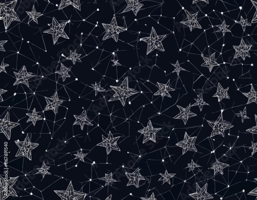 Abstract Y2K Metaverse Wireframe Background. Vector Dark Modern Seamless Pattern with Bling Stars and Lines photo