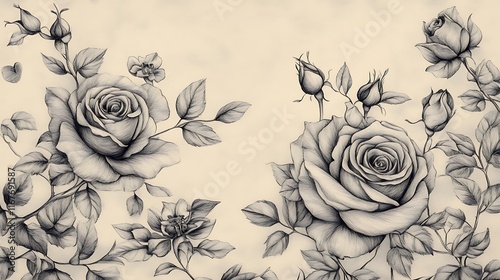 Fototapeta Naklejka Na Ścianę i Meble -  Romantic pencil-drawn roses and hearts on beige