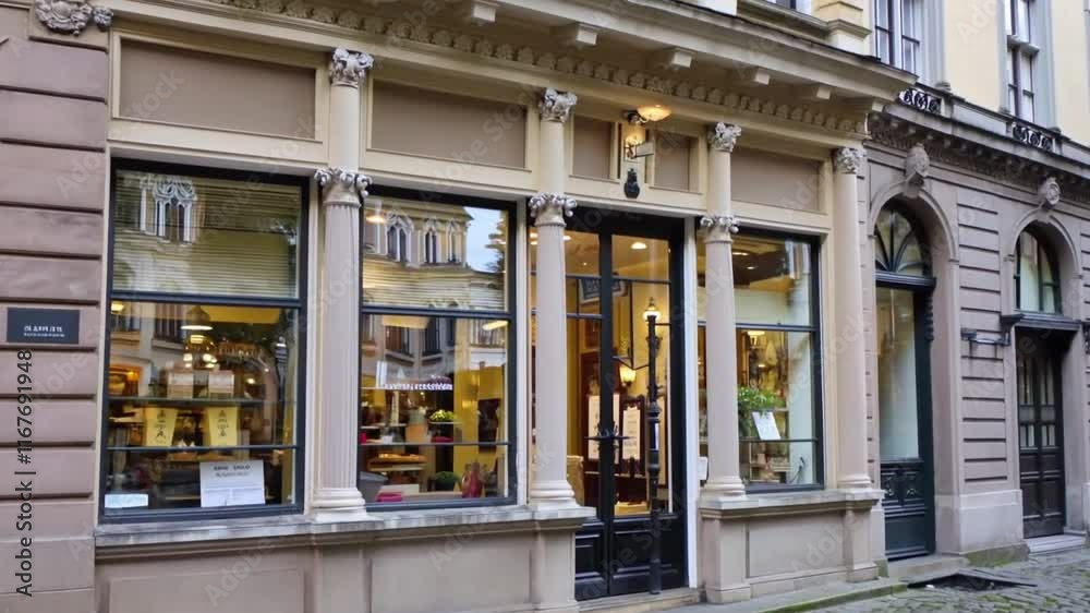 Classic French vintage commercial storefront featuring ornate details, a chic boutique facade with large windows, decorative signage, and a timeless Parisian charm.
