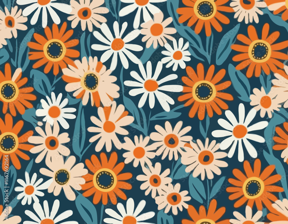 Decorative Boho Seamless Pattern with Daisy Flowers. Vector Floral Groovy Bg. Abstract Retro Background in Matisse Style Decorative Boho Seamless Pattern with Daisy Flowers. Vector Floral Groovy Bg. Abstract Retro Background in Matisse Style