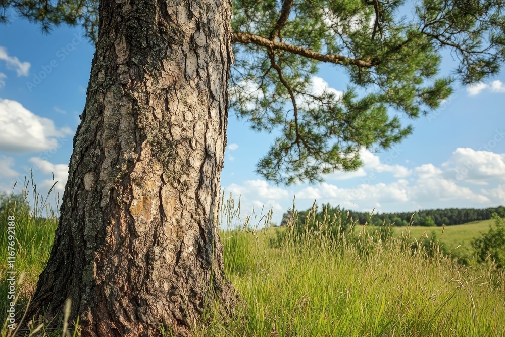 Fototapeta premium Tree trunk, grassy field, blue sky, summer day.