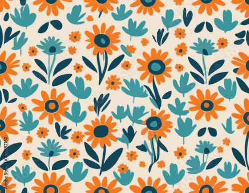 Decorative Boho Seamless Pattern with Daisy Flowers. Vector Floral Groovy Bg. Abstract Retro Background in Matisse Style