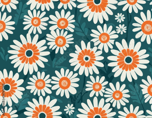 Decorative Boho Seamless Pattern with Daisy Flowers. Vector Floral Groovy Bg. Abstract Retro Background in Matisse Style