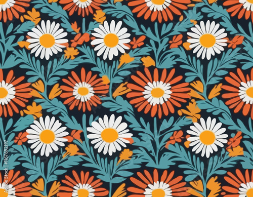 Decorative Boho Seamless Pattern with Daisy Flowers. Vector Floral Groovy Bg. Abstract Retro Background in Matisse Style