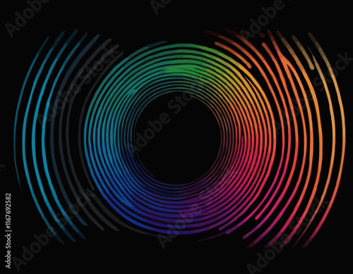 Rainbow Colored Pattern with Abstract Curve Lines. Vector Spiral Lines with Gradient on Black Background.