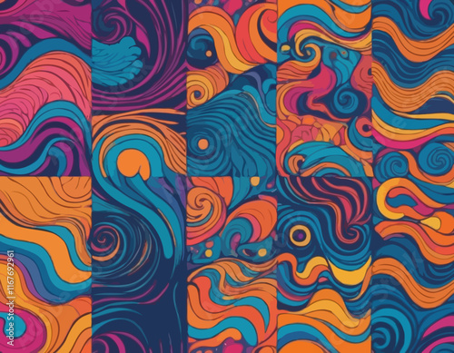Set of Wavy Seamless Trippy Patterns in Psychedelic Colors. Abstract Vector Swirl Backgrounds. 70s Aesthetic Textures with Flowing Waves