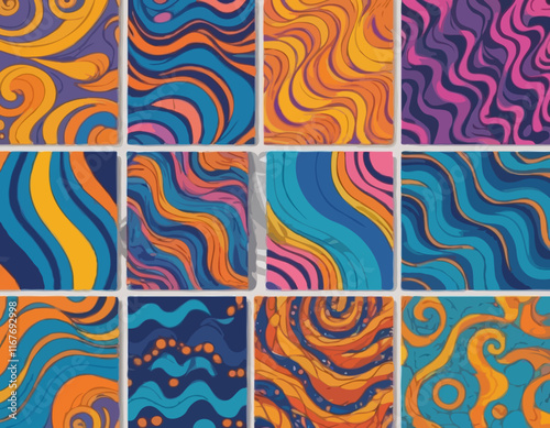Set of Wavy Seamless Trippy Patterns in Psychedelic Colors. Abstract Vector Swirl Backgrounds. 70s Aesthetic Textures with Flowing Waves