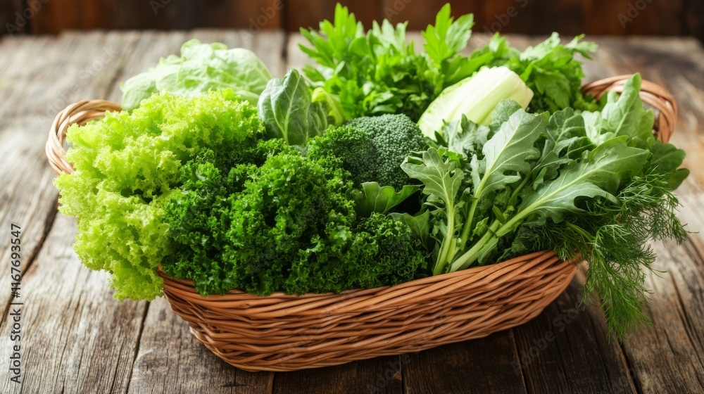 Fresh Greens in a Basket on a Wooden Table Fresh Greens in a Basket on a Wooden Table