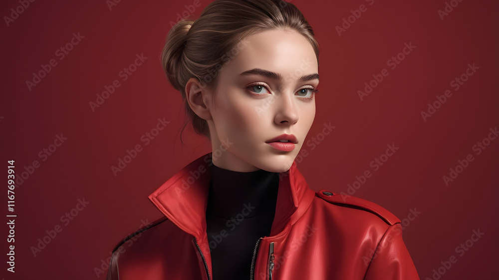 a fashion portrait of a woman with red puffed jacket, golden hair beautiful eyes with studio lights on a crimson colour background a fashion portrait of a woman with red puffed jacket, golden hair beautiful eyes with studio lights on a crimson colour background