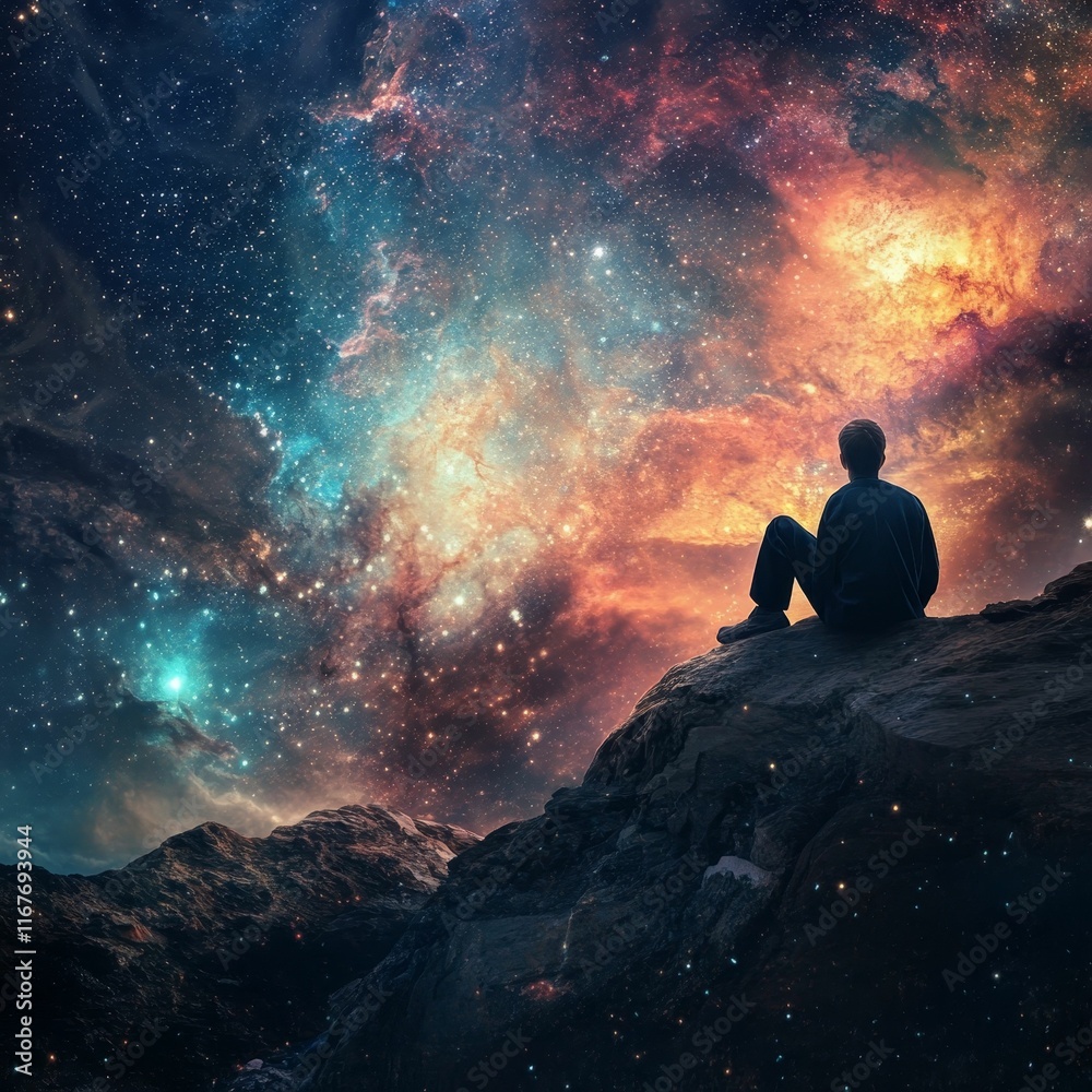 Person sits on cliff, gazing at vibrant nebula. Person sits on cliff, gazing at vibrant nebula.