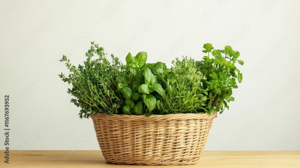 Fototapeta premium Fresh Herbs in a Basket on a Wooden Table