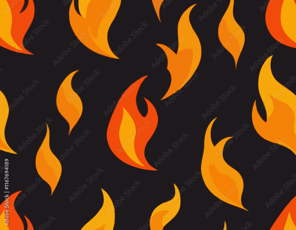 Orange and Yellow Flame on Dark Background. Vector Seamless Pattern. Cartoon Fire Texture. Abstract Background with Smoke and Flames Orange and Yellow Flame on Dark Background. Vector Seamless Pattern. Cartoon Fire Texture. Abstract Background with Smoke and Flames