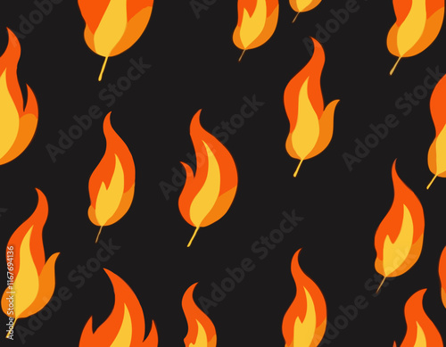 Orange and Yellow Flame on Dark Background. Vector Seamless Pattern. Cartoon Fire Texture. Abstract Background with Smoke and Flames