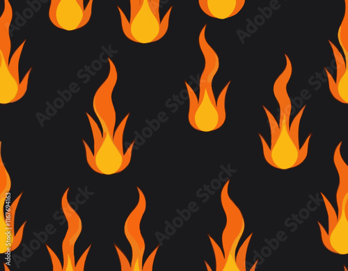 Orange and Yellow Flame on Dark Background. Vector Seamless Pattern. Cartoon Fire Texture. Abstract Background with Smoke and Flames