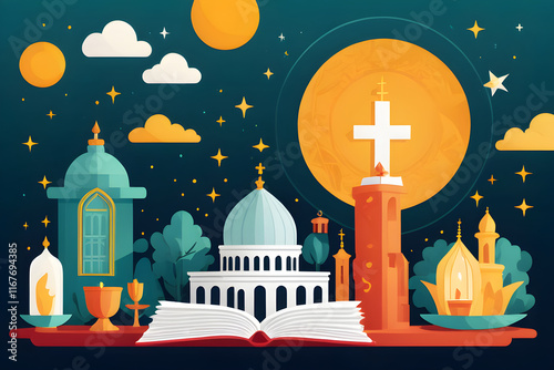 Open book showing different religions and sacred buildings celebrating world religion day