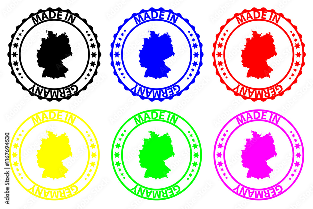 Made in Germany - rubber stamp - vector, Germany map pattern - black, blue, green, yellow, purple and red Made in Germany - rubber stamp - vector, Germany map pattern - black, blue, green, yellow, purple and red