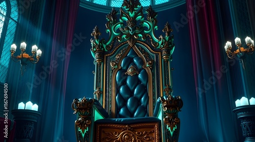 close-up stock photo A regal king's throne in a grand hall.   photo