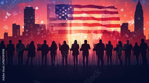 Silhouetted figures observe city skyline, flag backdrop.