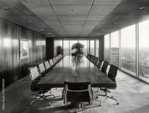 Long conference table in modern office overlooking cityscape