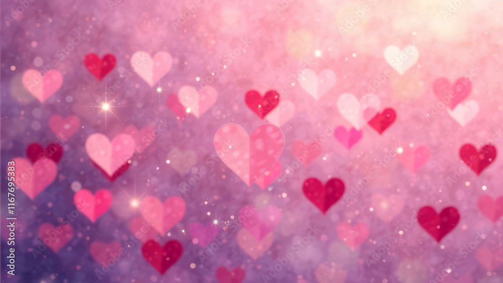 Romantic pink and purple heart pattern with sparkling bokeh effect Romantic pink and purple heart pattern with sparkling bokeh effect