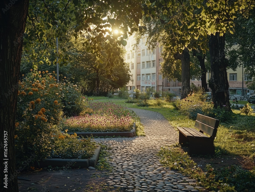 Obraz premium Cobblestone path leading through lush green park at sunset with empty bench