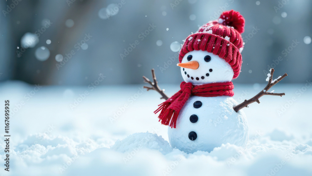 Fototapeta premium Cheerful snowman in red hat and scarf in winter wonderland