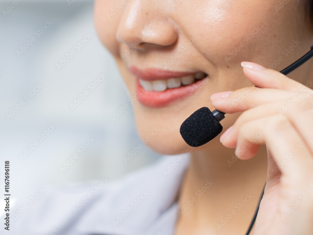 Friendly Asian woman working as a customer support operator with a headset in a call center office. Portrait of female sales agent talking to client working at desk. Customer service representative. Friendly Asian woman working as a customer support operator with a headset in a call center office. Portrait of female sales agent talking to client working at desk. Customer service representative.