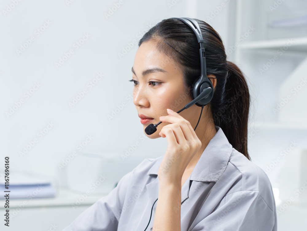 Confident Asian female call center agent with headset talking to client support for customer care in office. Asian woman telemarketing agent working on computer for consulting, customer support. Confident Asian female call center agent with headset talking to client support for customer care in office. Asian woman telemarketing agent working on computer for consulting, customer support.