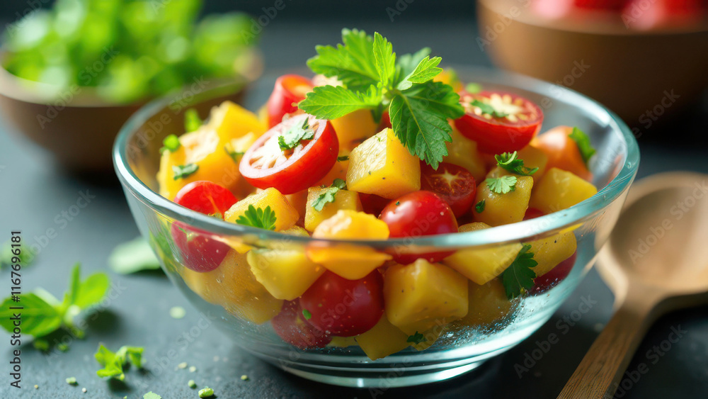 Fresh summer salad with cherry tomatoes, mango, and herbs in glass bowl Fresh summer salad with cherry tomatoes, mango, and herbs in glass bowl