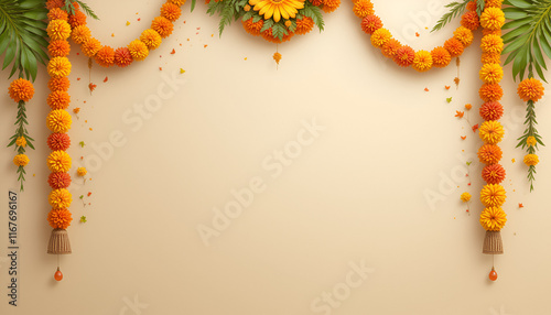Beige background with a floral Indian toran garland made of marigold flowers and mango leaves. Ornamentation for Hindu festivities. Banner for Ugadi, Gudi Padva, Hindu New Year, Diwali, Onam, Pongal f