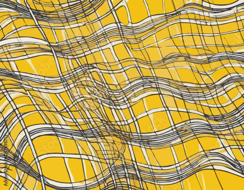 Distorted Background with White Cage on Yellow. Abstract Psychedelic Pattern with Wavy Doodle Stripes. Vector Groovy Y2K Checker Texture