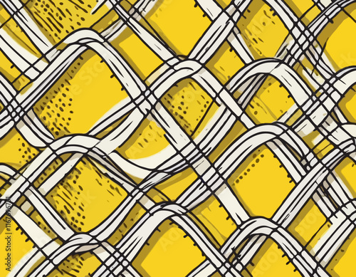 Distorted Background with White Cage on Yellow. Abstract Psychedelic Pattern with Wavy Doodle Stripes. Vector Groovy Y2K Checker Texture