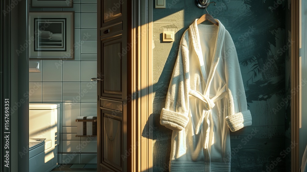 Fototapeta premium A cozy white bathrobe hangs in a sunlit, serene bathroom setting.