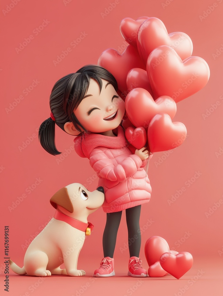 Valentine's day concept with cute girl and dog. 3d rendering Valentine's day concept with cute girl and dog. 3d rendering