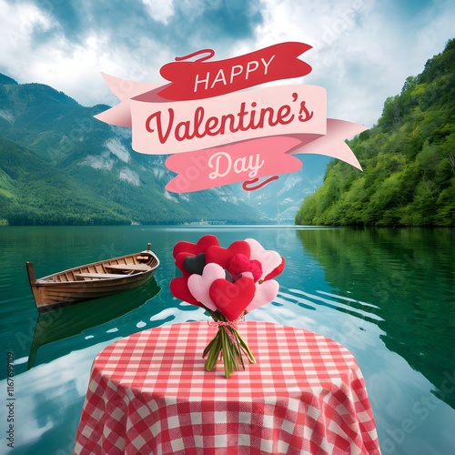 paysage vert ,un lac,une table ,un bouquet de coeurs,et une banniere avec le texte' happy valentine's day' photo