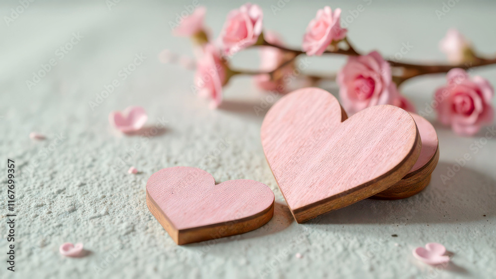 Fototapeta premium Pink wooden hearts and flowers on textured surface
