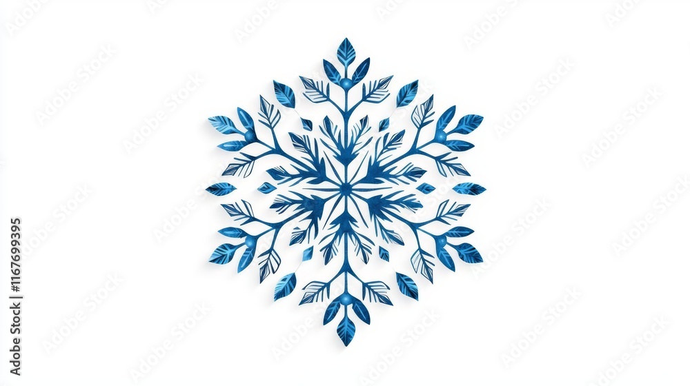 Intricate blue snowflake design with leaf patterns on white surface. Intricate blue snowflake design with leaf patterns on white surface.