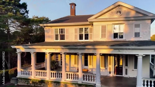 Elegant Antebellum house with tall white columns, wraparound porch, and shutters, glowing in golden hour light, surrounded by lush greenery and a cobblestone pathway.