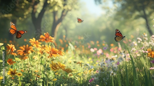Sunny meadow with vibrant wildflowers and monarch butterflies.